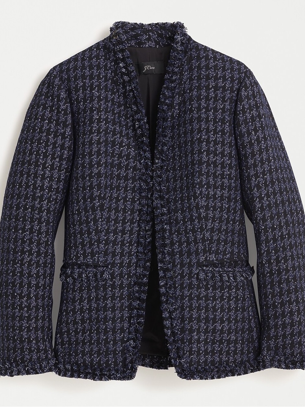 J. Crew Navy Tweed Fringe-Trim Blazer with Light Blue Accents